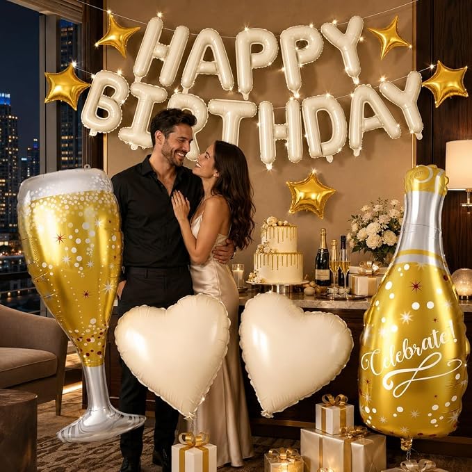 Cream Happy Birthday Balloons Banner, Champagne Bottle Glass Foil Balloon - Image 8