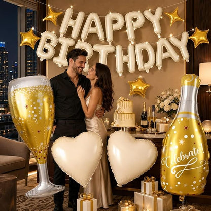 Cream Happy Birthday Balloons Banner, Champagne Bottle Glass Foil Balloon - Image 8