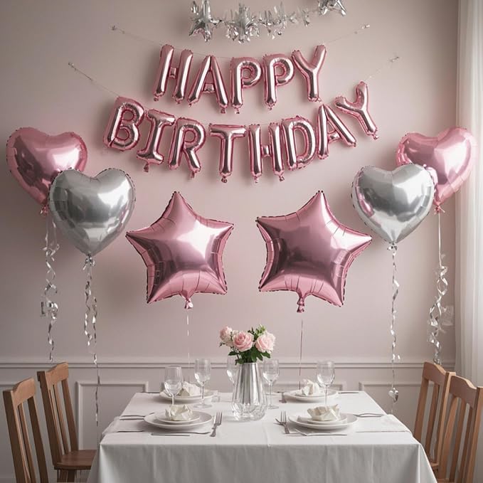 27 Pcs Pink Silver Birthday Decorations, 3D Letters Pink Happy Birthday Balloon - Image 4