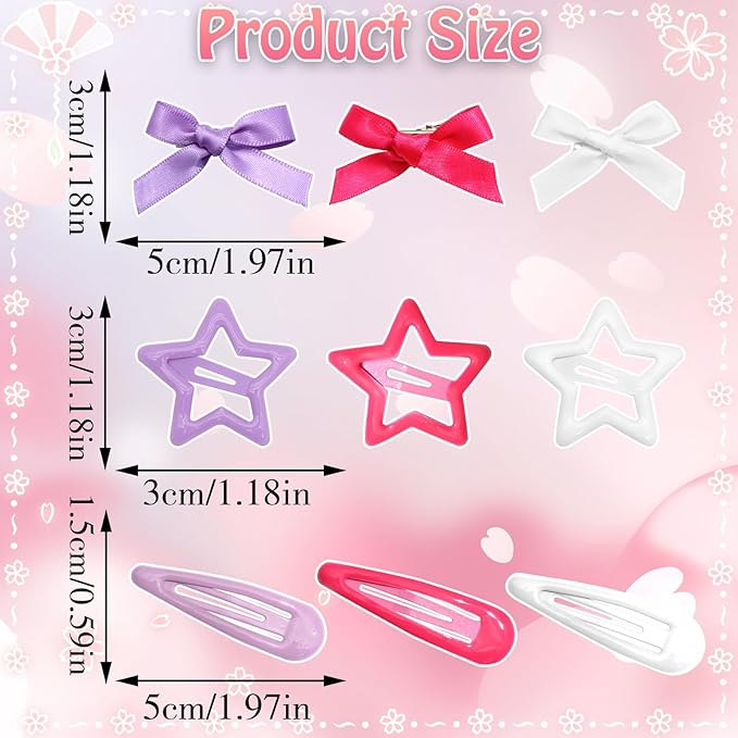 36Pcs Hot Pink Mini Hair Bows Purple Star Snap Hair Barrettes for Women White Water Drop No Slip Hair Clips Small Bow Hair Clips Star Bowknot Hair Accessories for Teens Girls
