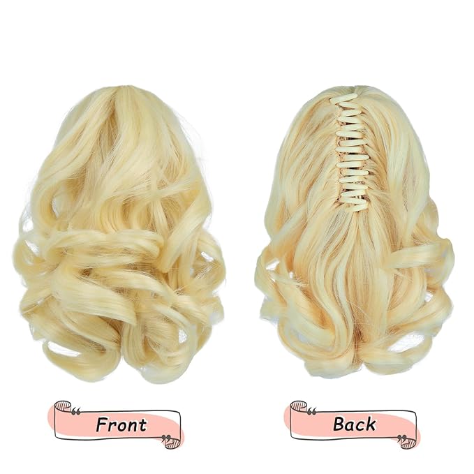 Ponytail Extension, Clip on Ponytails for Women, 9" Claw Clip in Short Curly Wavy Pony Hair Extension for Women - Bleach Blonde