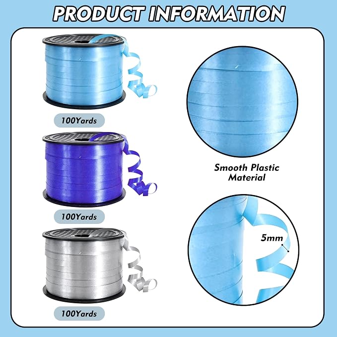 TONIFUL Blue, Light Blue and Silver Curling Ribbon Balloon String | 300 yards - Image 2