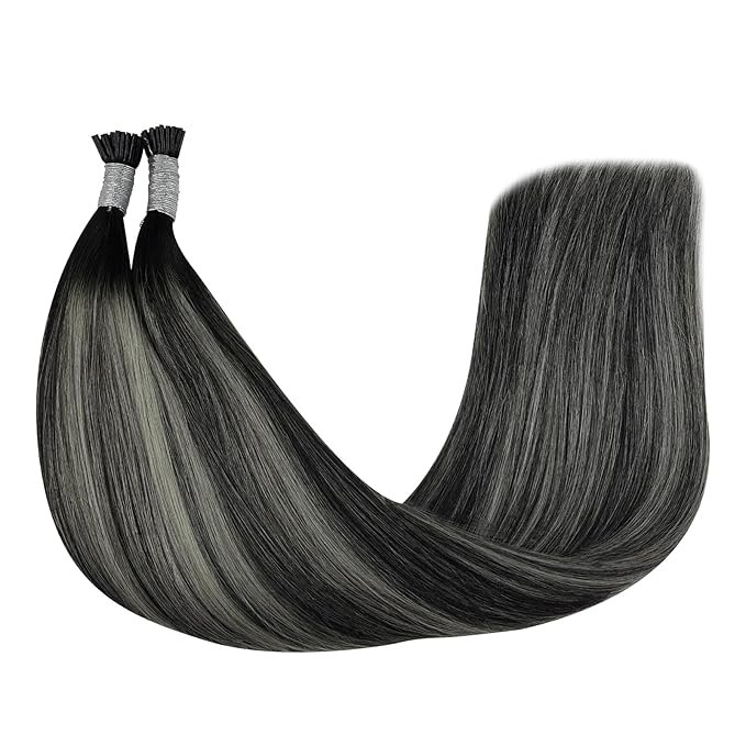 YoungSee I Tip Hair Extensions Human Hair Ombre 24 Inch Itip Hair Extensions Real Human Hair Black Balayage Silver Itip Hair Extension for Women Long Hair 50g 50s