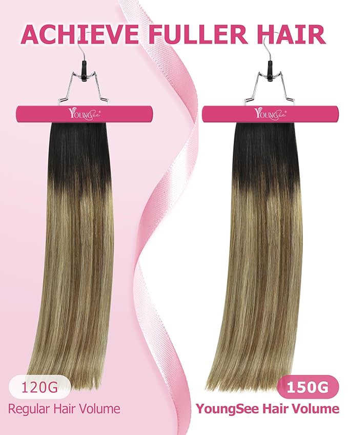 YoungSee 135g Brown Balayage Clip in Hair Extensions Ombre Clip in Human Hair Extensions Balayage Dark Brown to Medium Brown with Blonde Remy Hair Extension Clip ins for Women 16inch