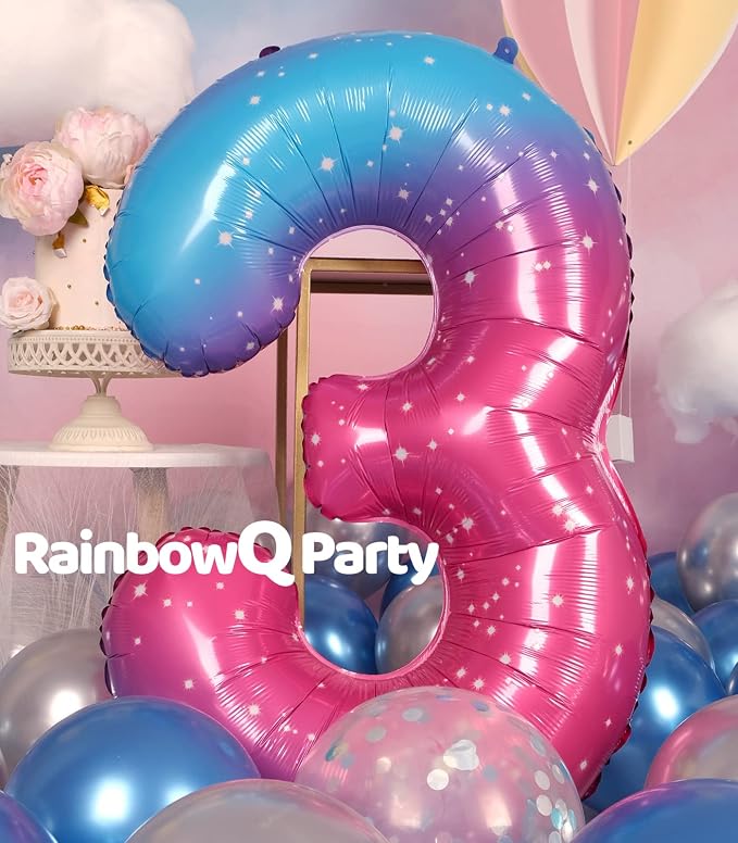 RainbowQ Blue Pink 3 Balloon Number 40 Inch Big 0-10 Foil Large Balloon | - Image 4