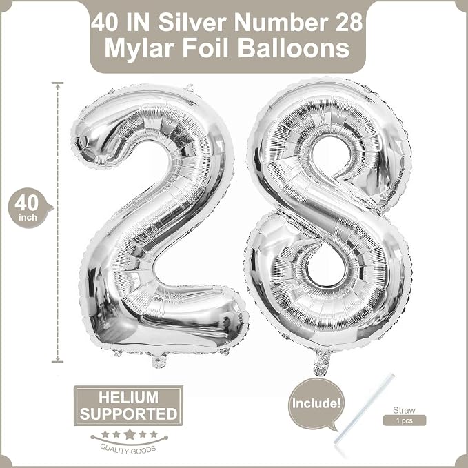 40 Inch Silver 28 Balloons Giant Number 28 Balloons Silver 28 Birthday Balloons - Image 2