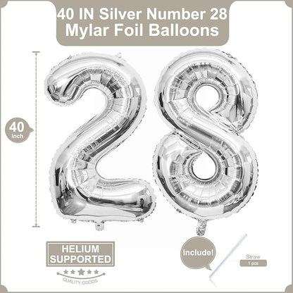 40 Inch Silver 28 Balloons Giant Number 28 Balloons Silver 28 Birthday Balloons - Image 2