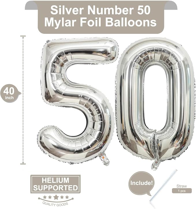 40 Inch Silver 50 Number Balloons Giant Jumbo Huge 50 Foil Mylar Helium Number - Image 2