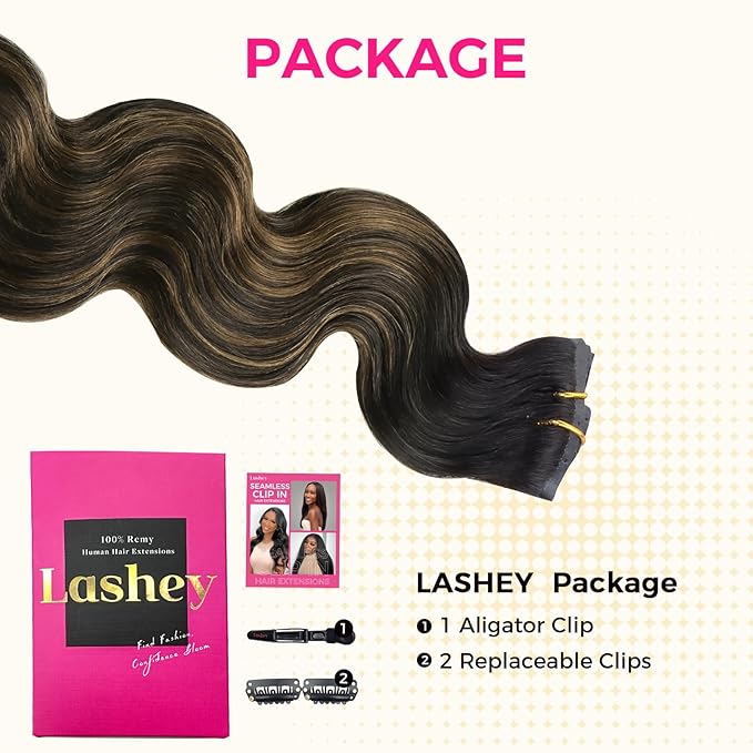 Lashey Seamless Clip in Hair Extensions Human Hair 150g 9pcs 24 Inch Body Wave Natural Black Mixed Chestnut Brown Clip in Hair Extensions for Women