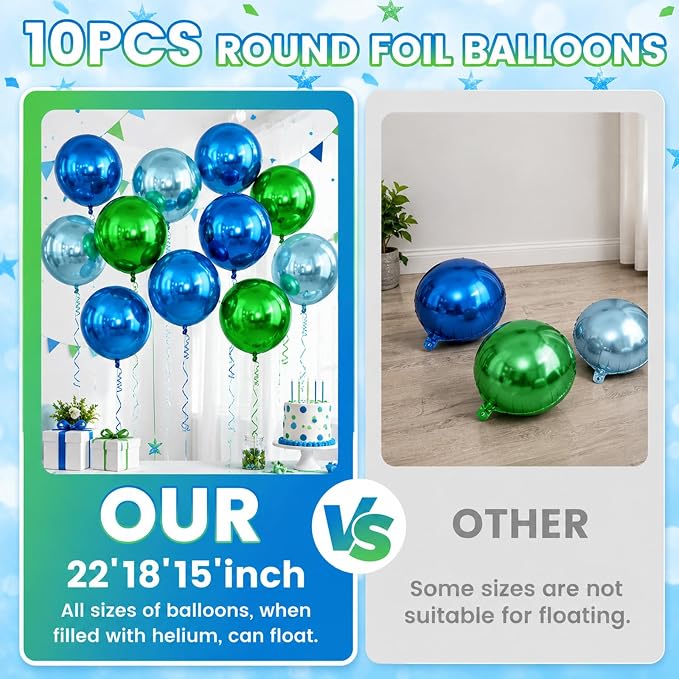 Blue and Green Round Foil Balloons, Metallic Light Blue and Green Foil Baloon - Image 4
