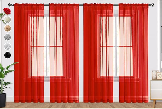 SpaceDresser Sheer Red Curtains 4 Panels Rod Pocket Semi-Sheer Curtain 63 by SpaceDresser