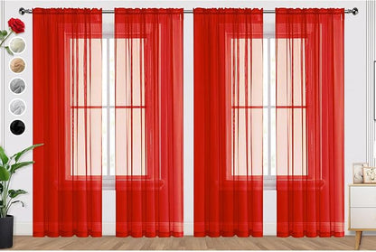 SpaceDresser Sheer Red Curtains 4 Panels Rod Pocket Semi-Sheer Curtain 63 by SpaceDresser