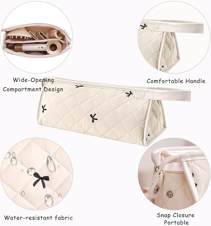 Large Quilted Hair Tools Travel Bag,Aesthetic Waterproof Hair Styling Accessories Storage Case for Flat Irons,Straightener,Curling Iron,Hair Dryer,Dyson Airwrap Travle Bag（05White Bow）