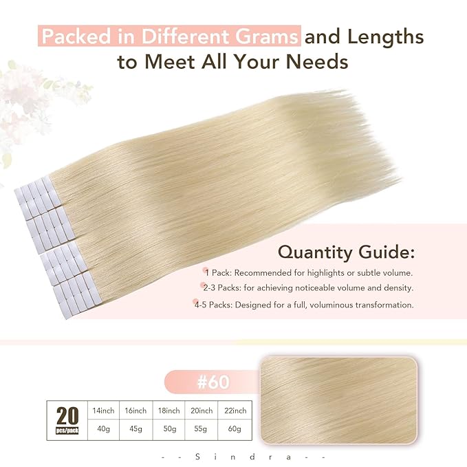 Sindra Invisi Edge Tape in Extensions Human Hair, Platinum Blonde Invisible Seamless Extensions Real Human Hair 20 Inch 55g 20pcs Injected Tape ins