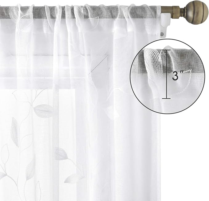 HOMEIDEAS White Sheer Kitchen Curtains 52 x 45 Inch Length 2 Panels Embroidered - Image 6