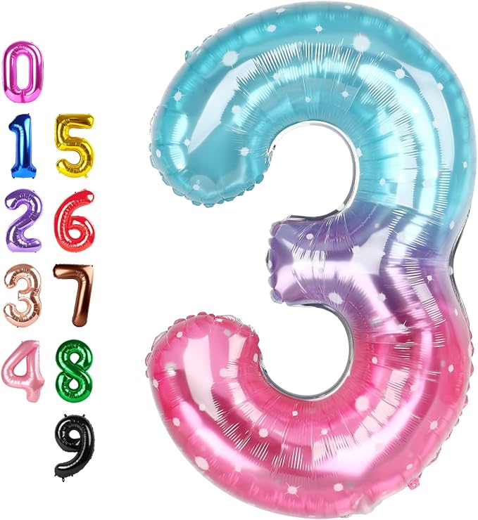 Number Balloons 3 Balloon for 3 Birthday Decorations, 40 inch Blue and Pink | by Enyeopd
