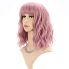 FAELBATY Short Curly Wavy Pink Wigs with Bangs Shoulder Length Synthetic Wig for Women and Girls Costume Cosplay Wigs(12" Pink)