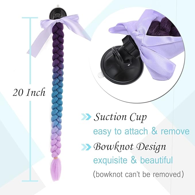 SEGO 1PCS/2PCS Helmet Pigtail Braids with Detachable Suction Cup Bowknot Ponytail Hair Many Colors (Helmet not Included)