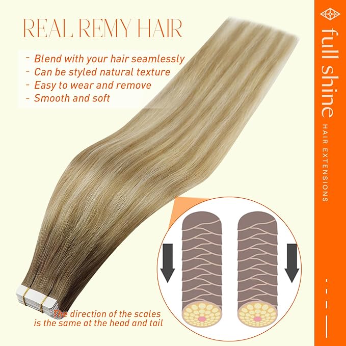 Full Shine Tape in Hair Extensions Human Hair 18 Inch Tape ins Human Hair Extensions Color 6 Chestnut Brown Fading to 27 and 60 Platinum Blonde Seamless Skin Weft Tape Hair Extensions 50G 20Pcs