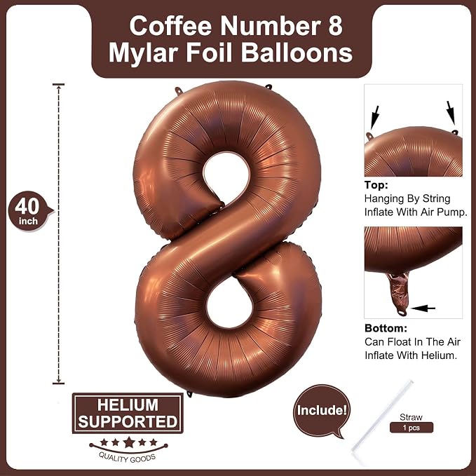 40 Inch Coffee Brown Number 8 Balloon Large Size Jumbo Digit Mylar Foil Retro - Image 2