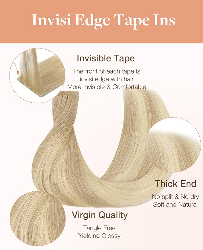 GOO GOO Invisi Edge Tape in Hair Extensions Human Hair, 18ET90A Natural Blonde Balayage 10pcs injected with 10pcs classical tape ins, 10inch 30g, Virgin Remy Hair, Natural Look