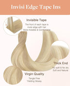 GOO GOO Invisi Edge Tape in Hair Extensions Human Hair, 18ET90A Natural Blonde Balayage, 10pcs 22inch 30g, Virgin Remy Hair, Seamless Injected Tape, Natural Look