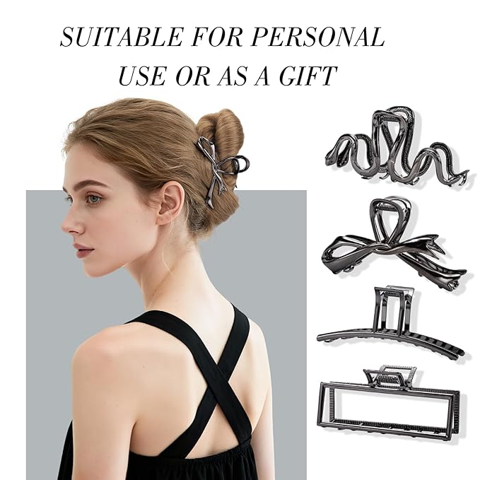 Obeoby 4 Pack Metal Hair Clips, Large Claw Clips for Women Thick Hair, Strong Fashion Hair Accessories Barrettes for Curly Long Hair (Black)