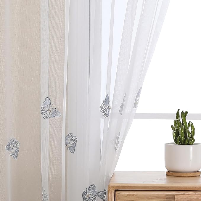 White Sheer Voile Curtains Blue Embossed Butterflies 54Wx72L Inch | Light - Image 5