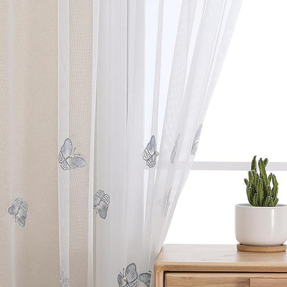 White Sheer Voile Curtains Blue Embossed Butterflies 54Wx63L Inch | Light - Image 5