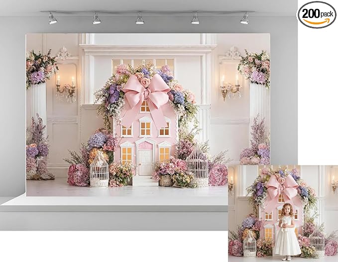 Kate 7x5ft Pink Dream Dollhouse Pink Bow Backdrop by KateBackdropforPhotography