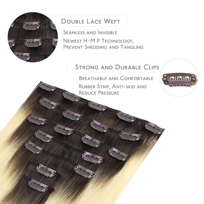WENNALIFE Clip in Hair Extensions, 22 Inch 120g 7pcs Clip in Hair Extensions Real Human Hair, Ombre Light Dark Brown to Platinum Blonde Remy Hair