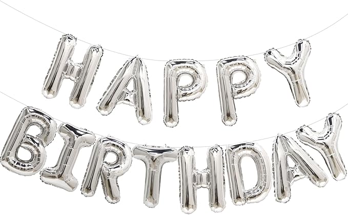 Silver Happy Birthday Balloon Banner, 16 Inch Foil Mylar Happy Birthday by PatiCool