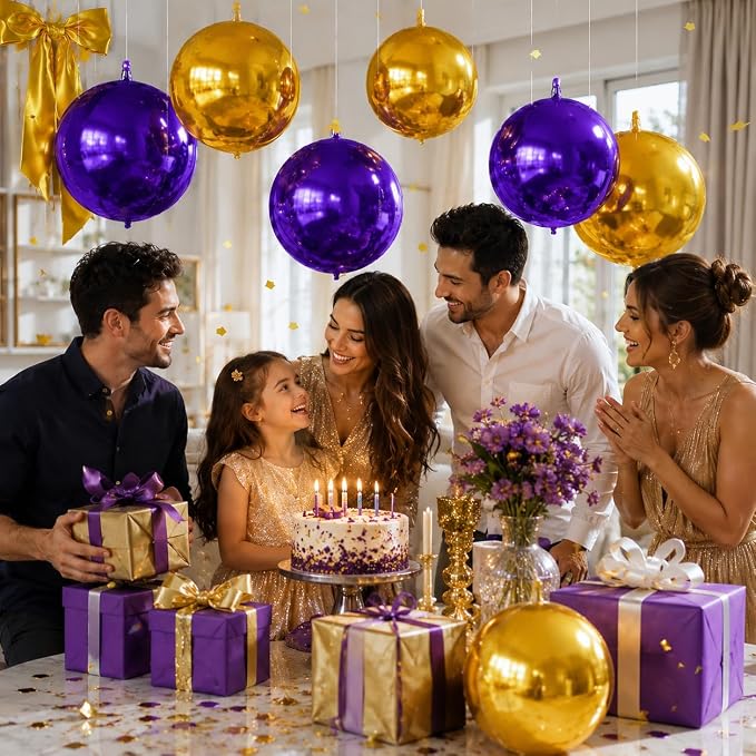 9 Pcs Purple Gold Round Foil Balloons Dark Purple Metallic Gold Chrome 4D Ball - Image 4