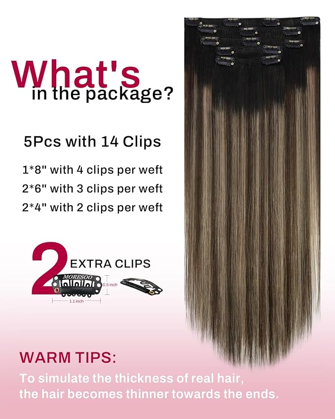 Moresoo Black to Brown Ombre Clip in Hair Extensions Real Human Hair Balayage Natural Black to Medium Brown with Dark Blonde Hair Clip Extensions for Women Short Double Weft 80g/5pcs 14 inch