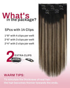 Moresoo Balayage Hair Extensions Clip in Human Hair Highlight Clip in Extensions Remy Human Hair Ombre Off Black Fading to Brown Mixed Golden 5pcs 80g 12Inch