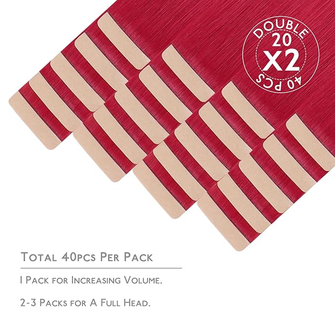 WENNALIFE Tape in Hair Extensions Human Hair, 40pcs 100g 24 inch Red Hair Extensions Real Human Hair Straight Tape in Extensions Invisible Extensions Reusable