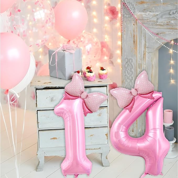 40 inch Number 14 Balloon with Bow Pink Happy Birthday Jumbo Number Balloons - Image 3