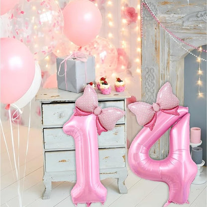 40 inch Number 14 Balloon with Bow Pink Happy Birthday Jumbo Number Balloons - Image 3