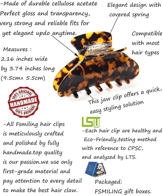 Big Claw Hair Clips for Women Hair Jaw Clips Large Hair Claw Clamps Acetate Hair Clip 2 Pack,Tortoise/Beige