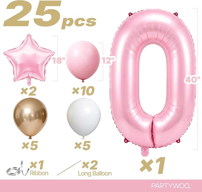 PartyWoo Number Balloons 40 Inch Pink Number 0 Kit 25pcs - Image 2