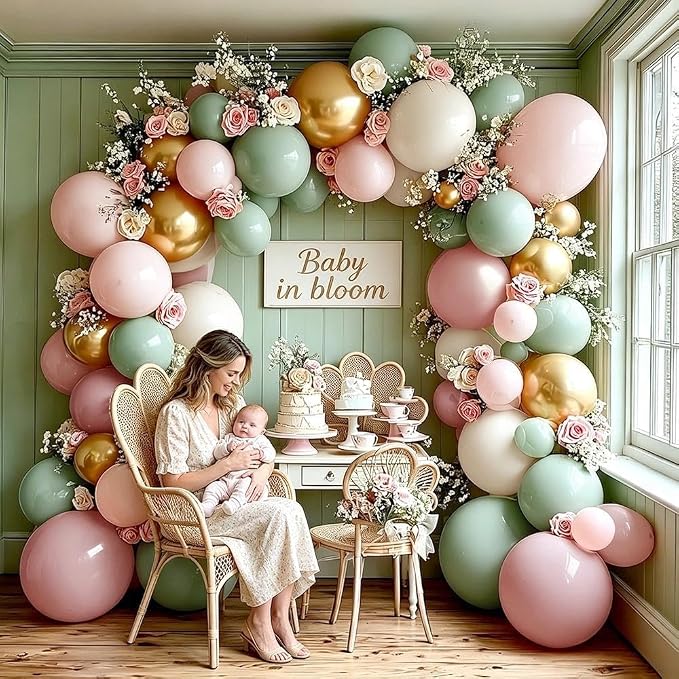 Dusty Green Pink Balloon Arch Double Stuffed Pastel Baby Pink Light Green White - Image 2