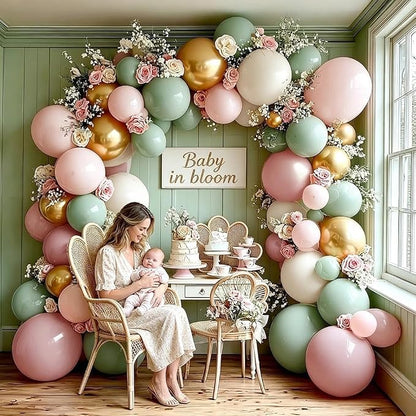 Dusty Green Pink Balloon Arch Double Stuffed Pastel Baby Pink Light Green White - Image 2