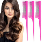 Leinuosen 3 Pcs Triple Teasing Comb for Women Plastic Rat Tail Comb Heat Resistant Pintail Tease Layer Tool for Thick Fine Hair Styling Backcombing Volume Structure(Pink)