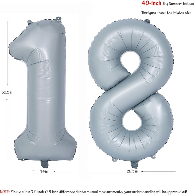 40 In Matte gray Number Balloon Helium Foil Mylar Birthday Balloon Digit 18 | - Image 2
