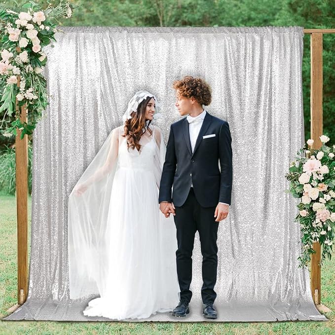 PartyDelight Silver Sequin Backdrop 6x8ft Sparkly Photo Curtain | 4 Inch Rod - Image 6
