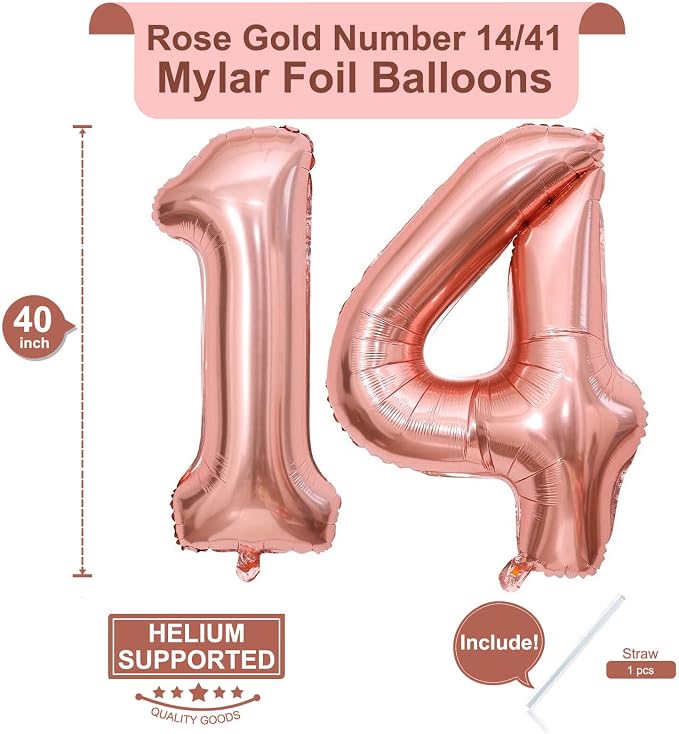40 Inch Rose Gold 14 Number Balloons Giant Jumbo Huge 14 41 Foil Mylar Helium - Image 2