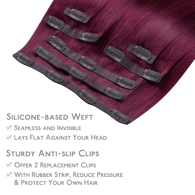 WENNALIFE Seamless Clip In Hair Extensions Human Hair, 24 Inch 160g 7pcs Light Burgundy Real Hair Extensions Clip in Human Hair Invisible PU Skin Weft Natural Remy Human Hair Extensions