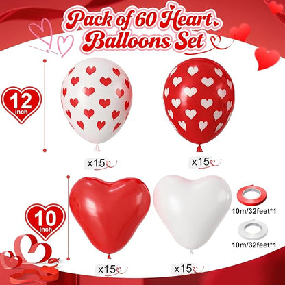 Valentines Day Balloons 60 Pack Red White Heart Shaped Balloons Set Romantic - Image 3