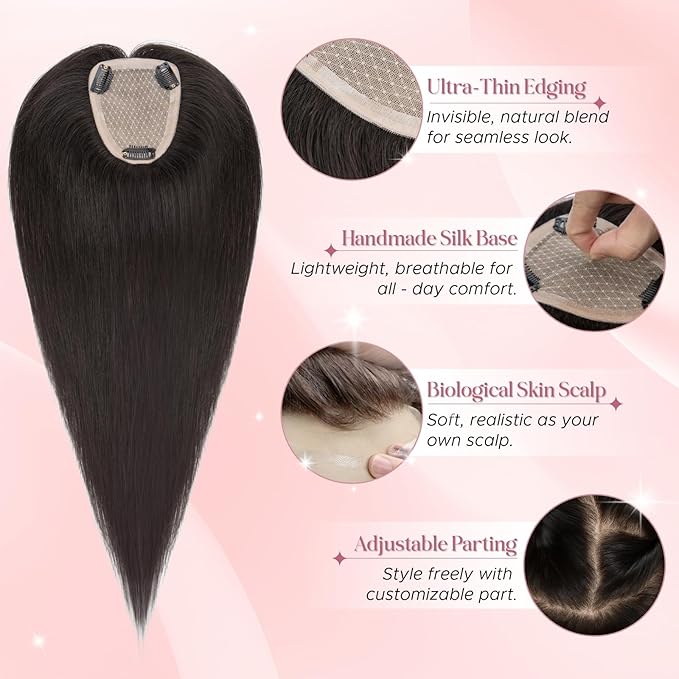 Real Human Hair Toppers for Women 3.54"*4.72" Silky Base 150% Density No Bangs Adjustable Parting Clip-In Topper Hairpieces for Women with Thinning Hair 16 Inches Natural Black