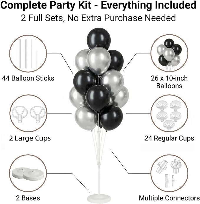 Black Silver Balloon Stand Kit for Floor or Table, Party Decor - Image 2
